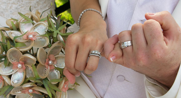 wedding rings bouquet bride & groom